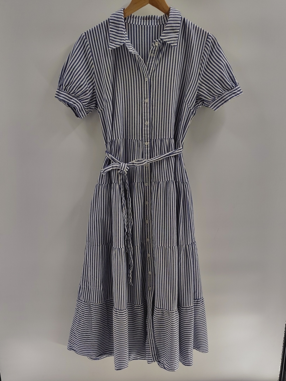 Blue & White Stripe Button Down Tiered Midi Dress Medium Tie Belt